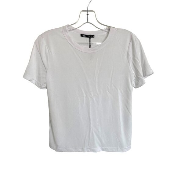 Zara White Short Sleeve Basic T-Shirt Crew Neck Cotton Blend - Picture 1 of 4